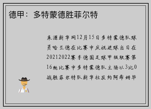 德甲：多特蒙德胜菲尔特