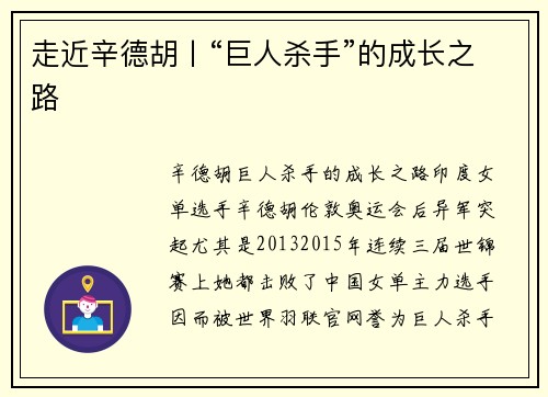 走近辛德胡丨“巨人杀手”的成长之路